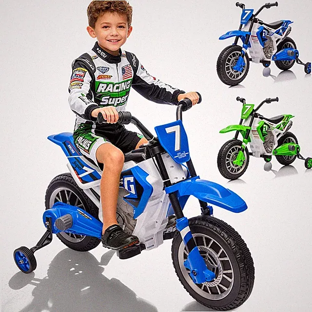 Blue/Green 12V Battery Power Kids Ride-On Motorcycle Dirt Bike w/Training Wheels